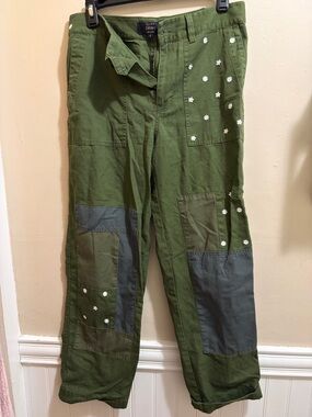 J. Crew Olive Green & Dark Green Patchwork Chino Pants with Daisy Embroidery
